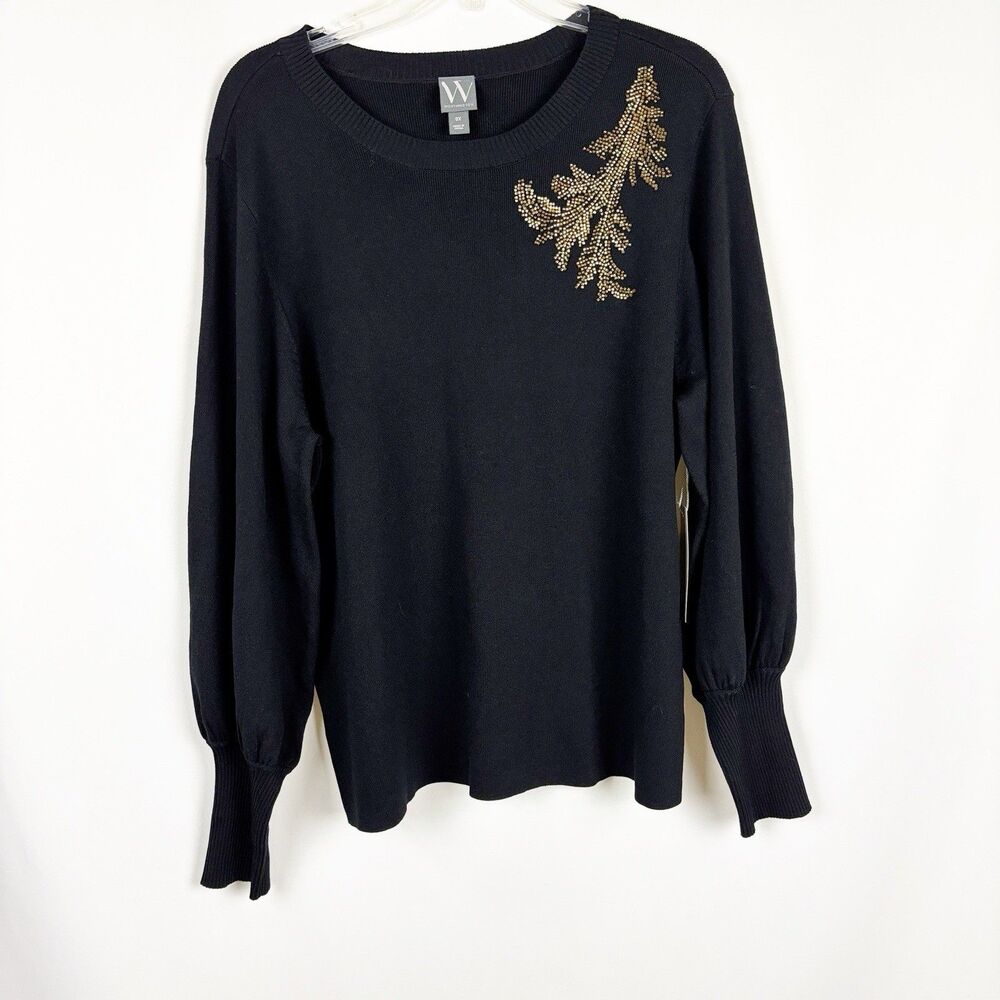 Black w/Gold Leaf Motif Beading Knit Worthington Crew Neck Sweater/Holiday  - OX